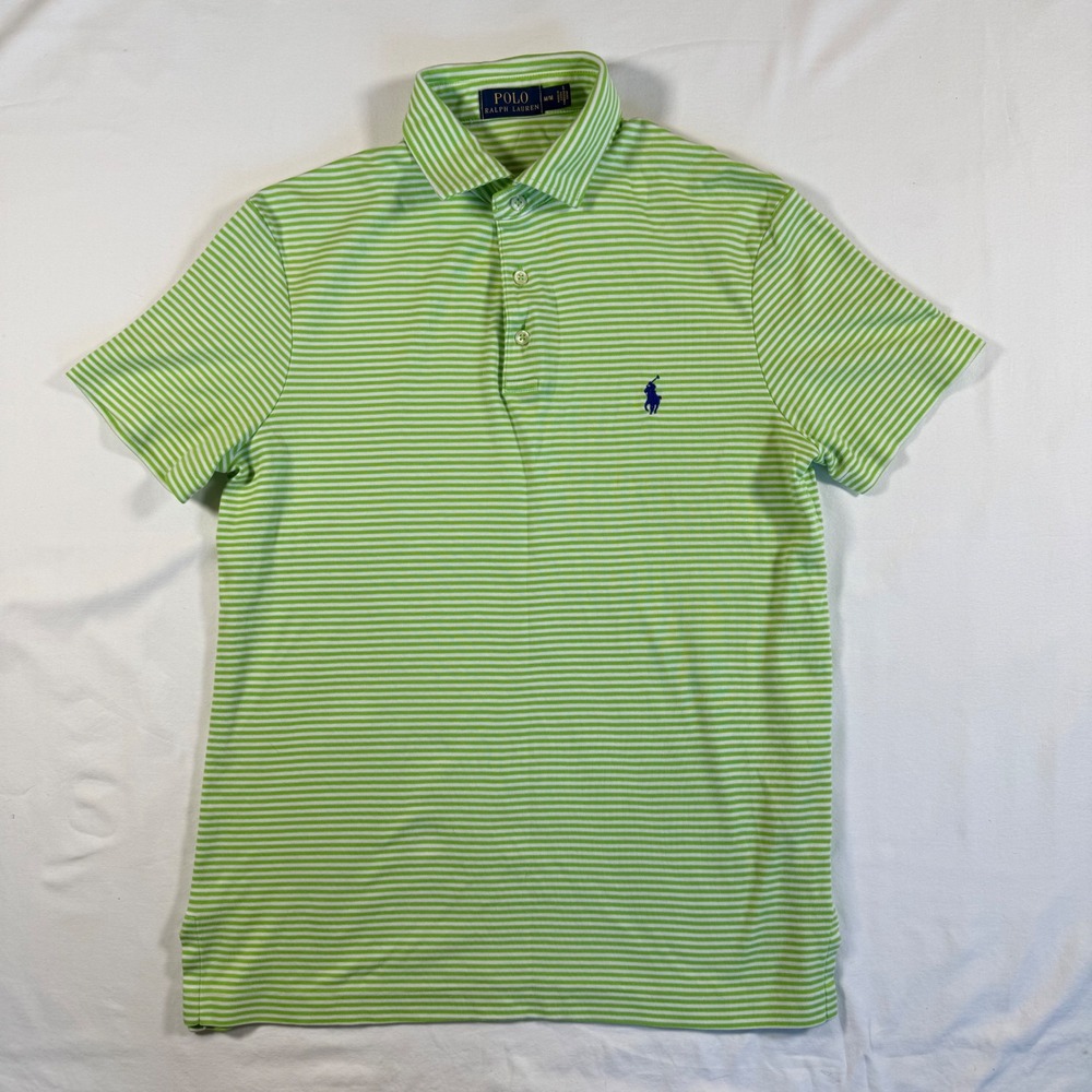 Polo Ralph Lauren Mens Medium Lime Green White Striped Short Sleeve Polo Shirt